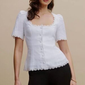 Reformation White Linen Anabella Lace Trim Top